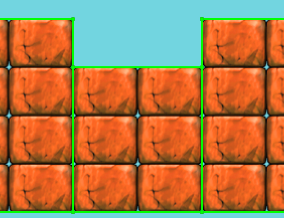 a grid of red bricks with composite collider lines drawn around groups of multiple bricks at a time