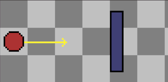 visualization fo fast body collision checking: a ball heads towards a wall, but a line ahead of the ball detects that the ball may collide soon with the wall, and prevents it from accidentally passing through it