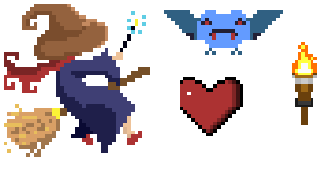 the witch, bat, heart, and torch art assets from the game