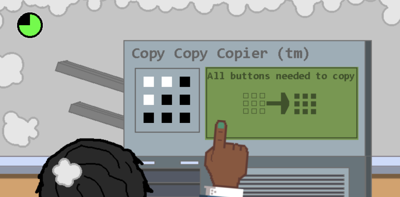 the copy machine minigame, where the player matches the lit-up buttons to get the copy machine to work