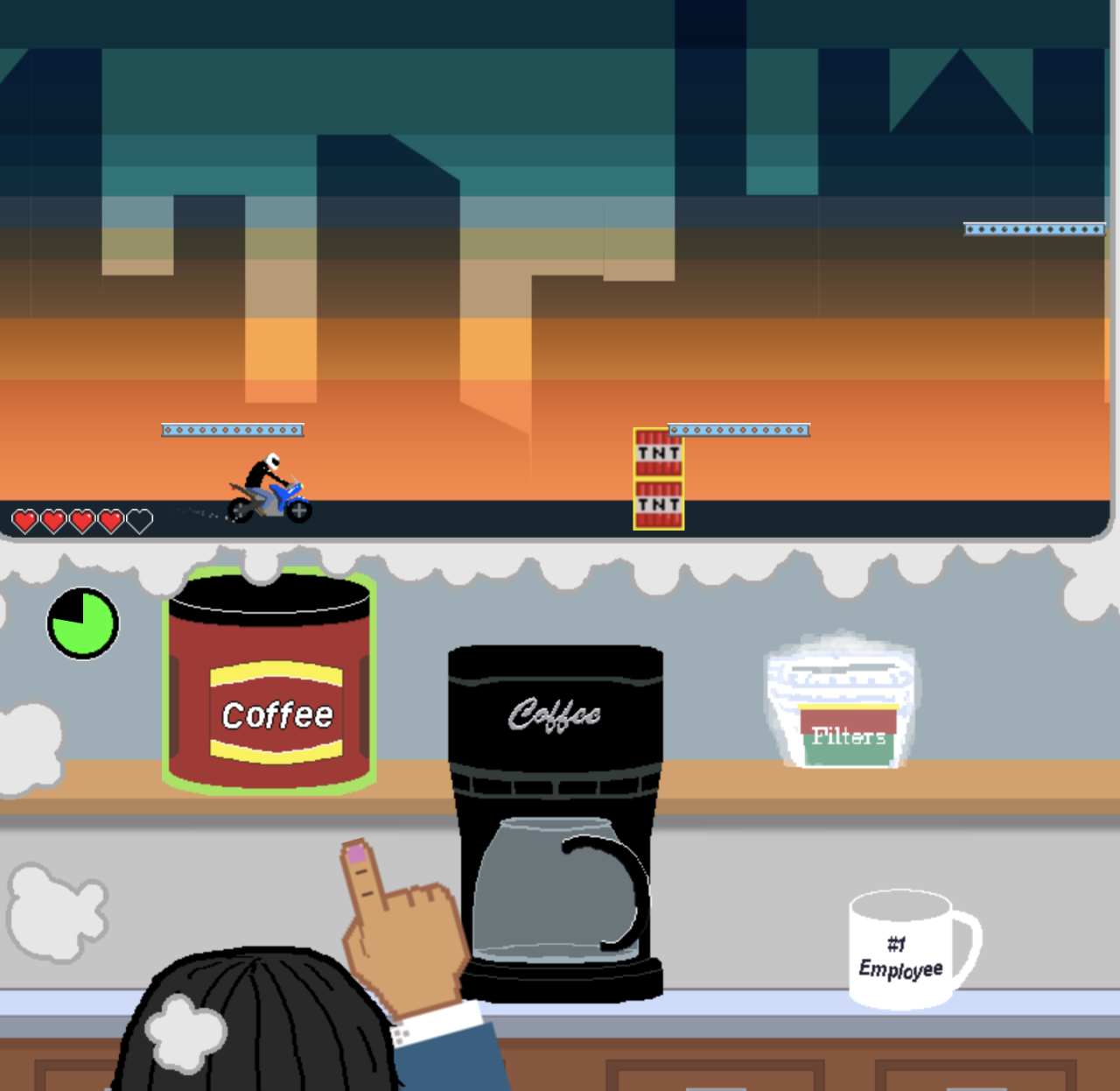 screenshot showing the game: the lower half is various office mini games while the upper "daydrem" is a motorcycle platformer